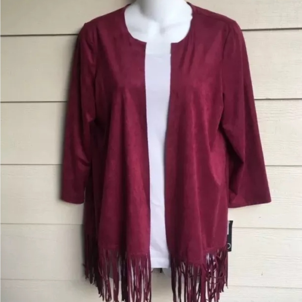 New Directions NWT Ladies Petite Small Open Fringed Cardigan Suede Like Burgundy